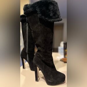 Mariah Carey Black Suede Faux Fur Knee High Platform Heel Boots size 7.5
